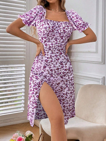 Women's Ditsy Floral Square Neck Short Puff Sleeve Elegant Vacation Dress With Side Slits