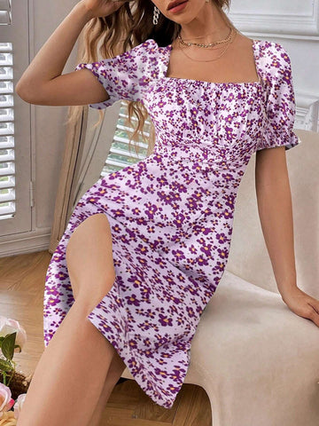 Women's Ditsy Floral Square Neck Short Puff Sleeve Elegant Vacation Dress With Side Slits