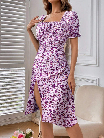 Women's Ditsy Floral Square Neck Short Puff Sleeve Elegant Vacation Dress With Side Slits