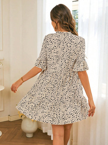 Women's Ditsy Floral Tie Neck Elegant Short Sleeve Mini Dress