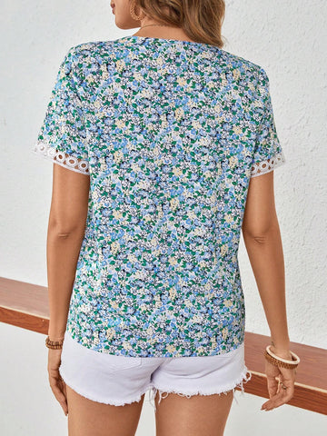 VCAY Women's Ditsy Floral V-Neck Short Sleeve Casual Shirt For Vacation