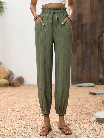 VCAY Women's Drawstring Waist Ankle-Tied Pants With Texture Decoration