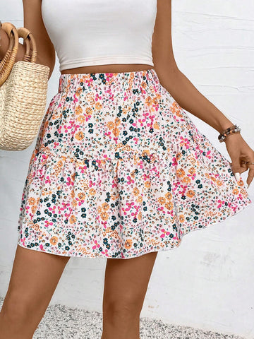 VCAY Women's Elastic Waist Ditsy Floral Summer Mini Skirt, Perfect For Vacation Outfits