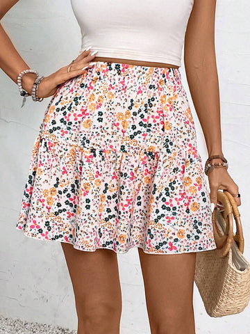 VCAY Women's Elastic Waist Ditsy Floral Summer Mini Skirt, Perfect For Vacation Outfits