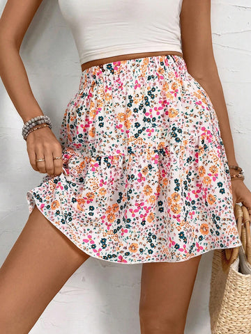VCAY Women's Elastic Waist Ditsy Floral Summer Mini Skirt, Perfect For Vacation Outfits