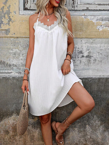 Women's Fashion Solid Color Slip Dress With Lace Trim