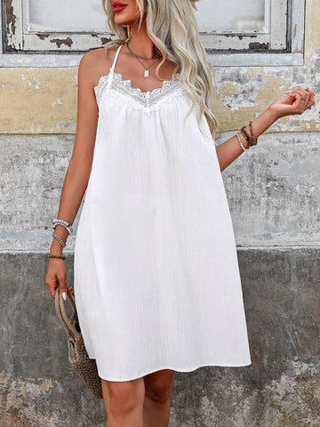 Women's Fashion Solid Color Slip Dress With Lace Trim