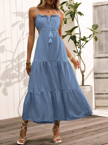 Women's Fashion Solid Color Spaghetti Strap Cut-Out Waist Dress