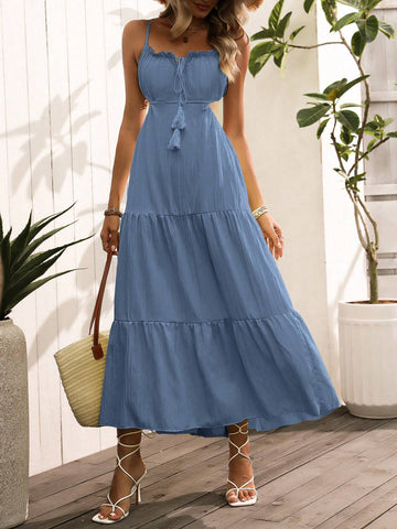 Women's Fashion Solid Color Spaghetti Strap Cut-Out Waist Dress