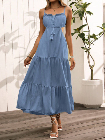 Women's Fashion Solid Color Spaghetti Strap Cut-Out Waist Dress