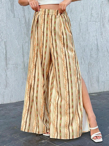 VCAY Women's Fashion Striped Printed Split Hem Long Pants