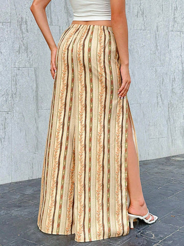 VCAY Women's Fashion Striped Printed Split Hem Long Pants