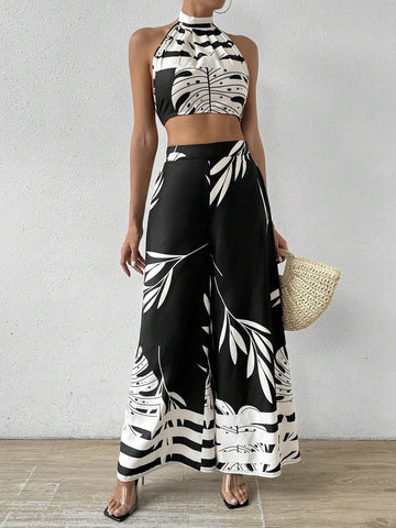 Women's Fashionable Black & White Color Block Print Halter Neck Two Piece Set For Summer