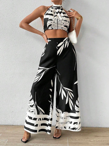 Women's Fashionable Black & White Color Block Print Halter Neck Two Piece Set For Summer