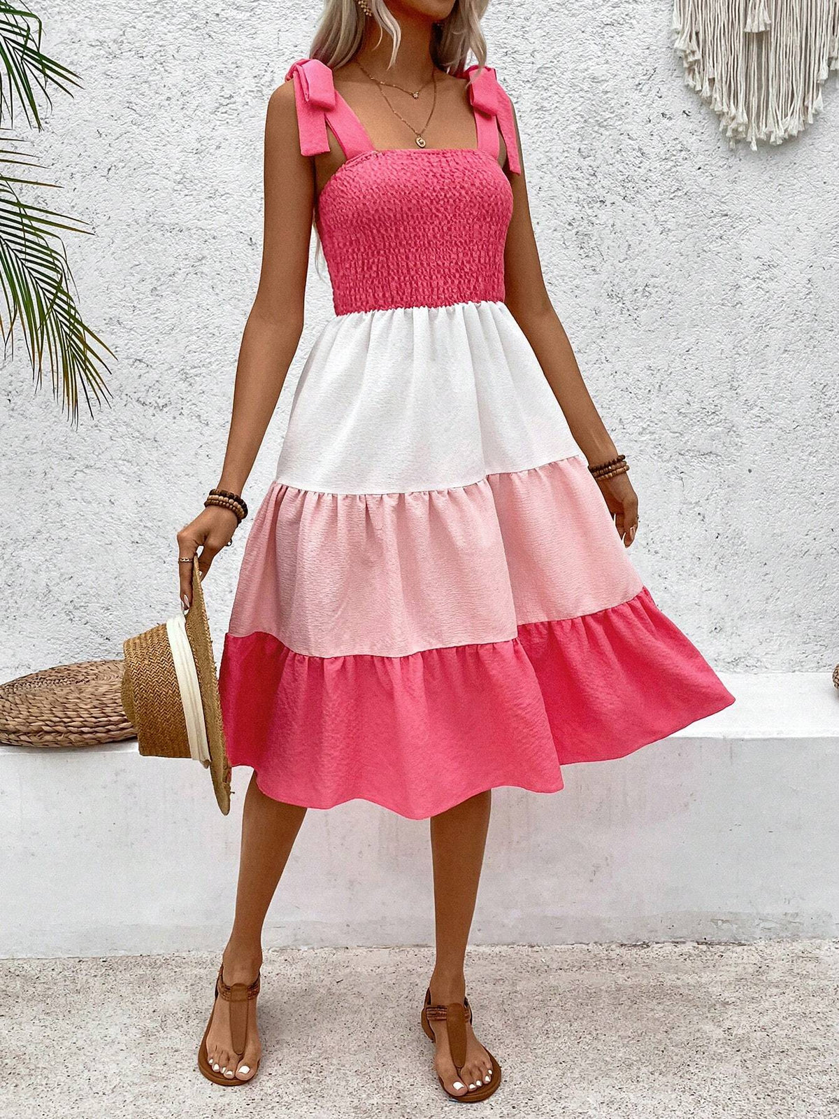 Women's Fashionable Color Block Bowknot Ribbon Strap Sleeveless Dress