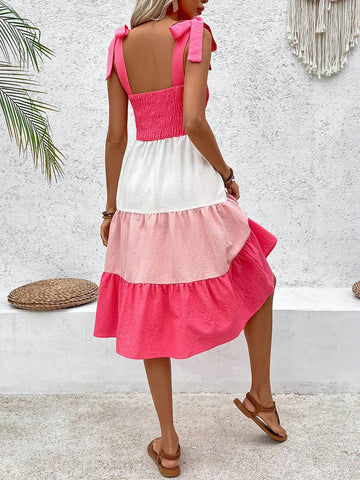 Women's Fashionable Color Block Bowknot Ribbon Strap Sleeveless Dress