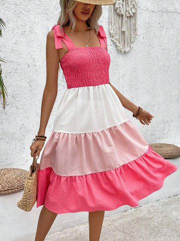 Women's Fashionable Color Block Bowknot Ribbon Strap Sleeveless Dress