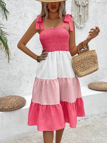 Women's Fashionable Color Block Bowknot Ribbon Strap Sleeveless Dress