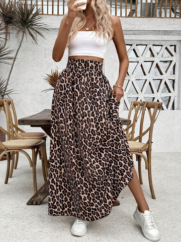 VCAY Women's Fashionable Leopard Print Long Skirt For Spring And Summer
