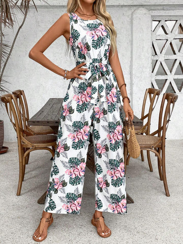 Women's Fashionable Printed Halter Neck Jumpsuit With Wide-Legged Pants, Summer