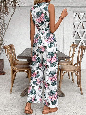 Women's Fashionable Printed Halter Neck Jumpsuit With Wide-Legged Pants, Summer