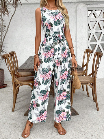 Women's Fashionable Printed Halter Neck Jumpsuit With Wide-Legged Pants, Summer