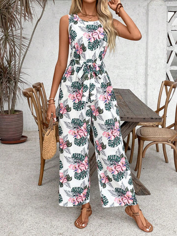 Women's Fashionable Printed Halter Neck Jumpsuit With Wide-Legged Pants, Summer