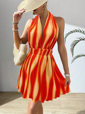 Women's Fashionable Printed Pleated Halter Backless Vacation Dress With Neck Tie