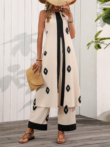 Women's Fashionable Random Printed Sleeveless Cardigan And Long Pants Two-Piece Set