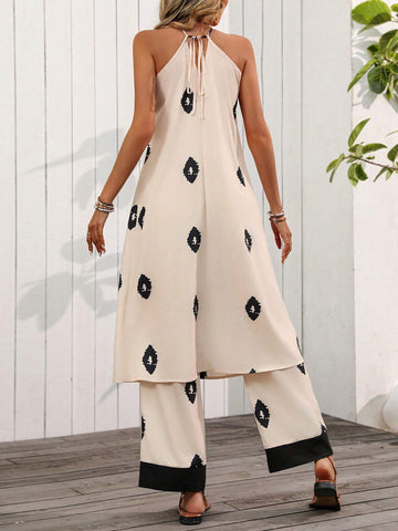 Women's Fashionable Random Printed Sleeveless Cardigan And Long Pants Two-Piece Set