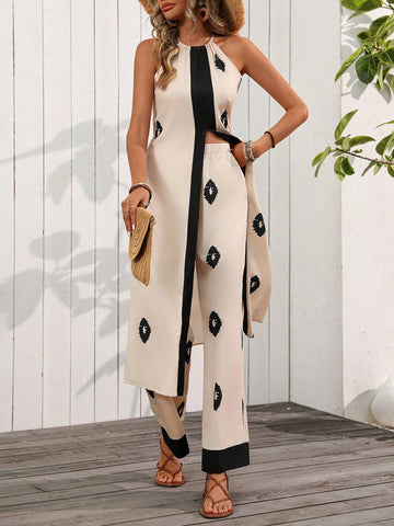 Women's Fashionable Random Printed Sleeveless Cardigan And Long Pants Two-Piece Set