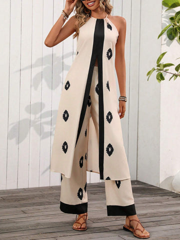 Women's Fashionable Random Printed Sleeveless Cardigan And Long Pants Two-Piece Set