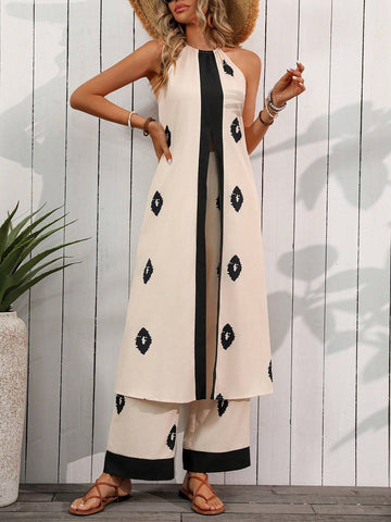 Women's Fashionable Random Printed Sleeveless Cardigan And Long Pants Two-Piece Set