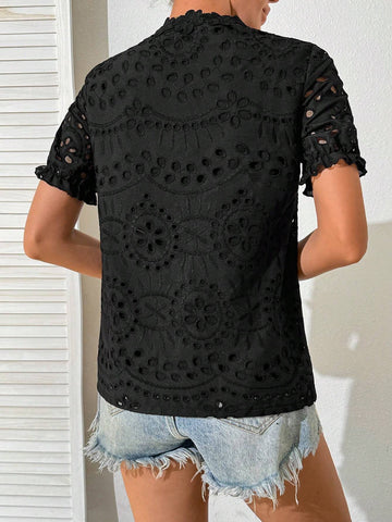 VCAY Women's Fashionable Solid Color Hollow Out Lace Trim Short Sleeve Shirt