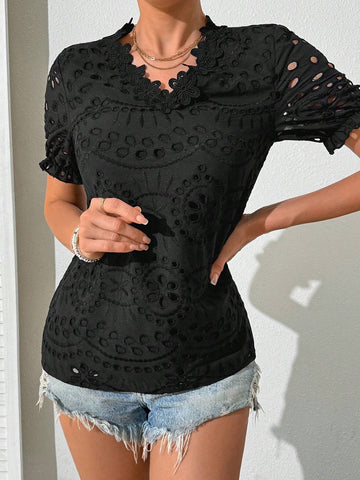 VCAY Women's Fashionable Solid Color Hollow Out Lace Trim Short Sleeve Shirt