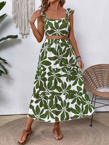 Women's Fashionable Summer Short Sleeve Green Printed Top And Midi Skirt Set