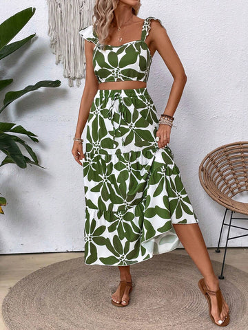 Women's Fashionable Summer Short Sleeve Green Printed Top And Midi Skirt Set