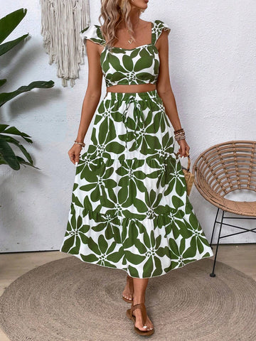 Women's Fashionable Summer Short Sleeve Green Printed Top And Midi Skirt Set