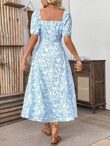 Women's Fashionable Summer Square Neck Puff Sleeve Split Dress