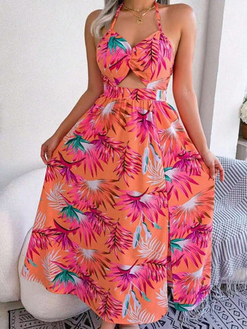 Women's Fashionable Summer Vacation Style Floral Print Halter Neck Slit Dress