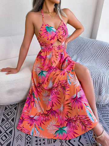 Women's Fashionable Summer Vacation Style Floral Print Halter Neck Slit Dress