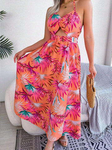 Women's Fashionable Summer Vacation Style Floral Print Halter Neck Slit Dress