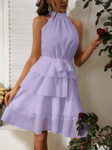 Women's Fashionable Sweet Off Shoulder Multi-Layer Hem Dress For Summer