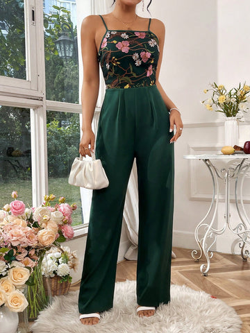 Women's Floral Embroidery Patchwork Spaghetti Strap Jumpsuit