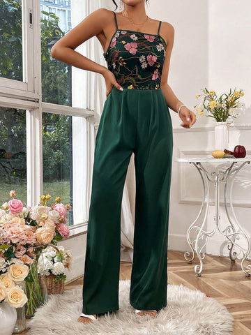 Women's Floral Embroidery Patchwork Spaghetti Strap Jumpsuit