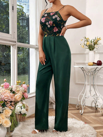 Women's Floral Embroidery Patchwork Spaghetti Strap Jumpsuit