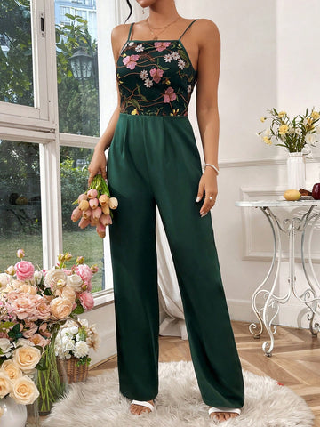 Women's Floral Embroidery Patchwork Spaghetti Strap Jumpsuit