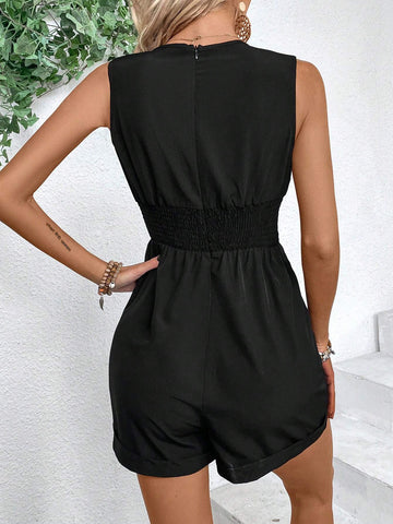 Women's Floral Embroidery Splice Jumpsuit With Gathered Waist