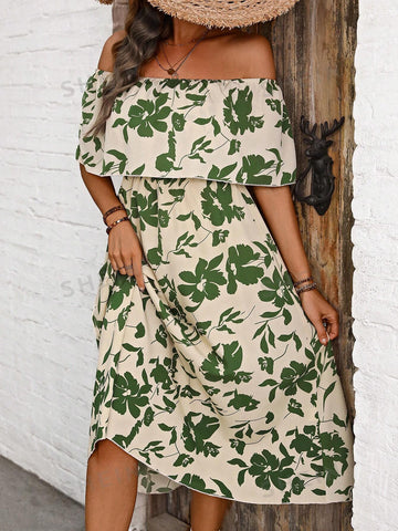 Women's Floral Off Shoulder Ruffle Hem Dress