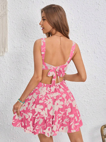 Women's Floral Print Back Hollow Out Short Camisole Dress, For Vacation